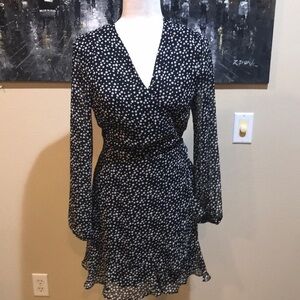 All in Favor Black and White Polkadot Sheer Wrap with Lining Midi Dress-Size M